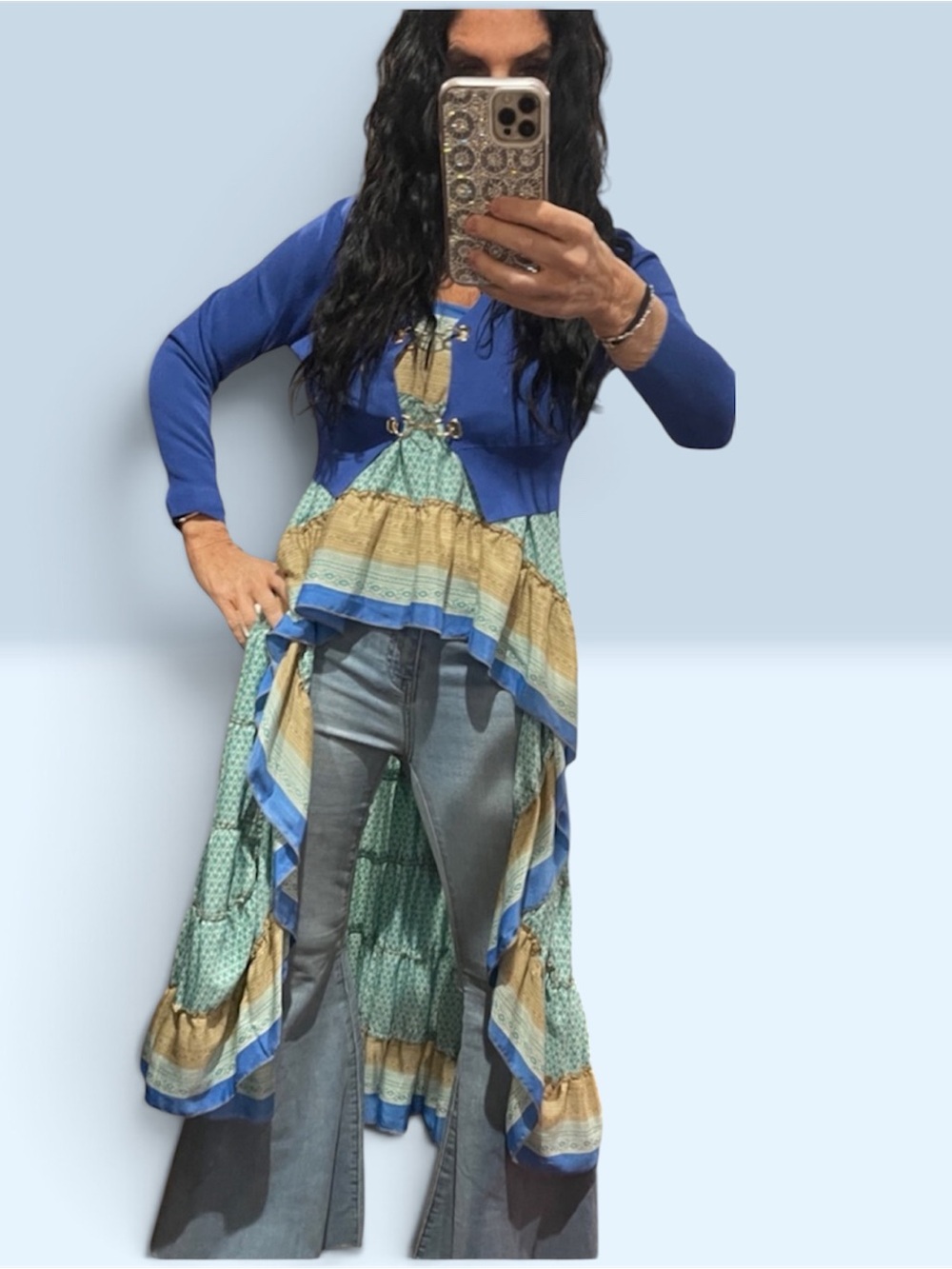 Asymmetrical Floral Maxi Skirt in Blue & Cream/